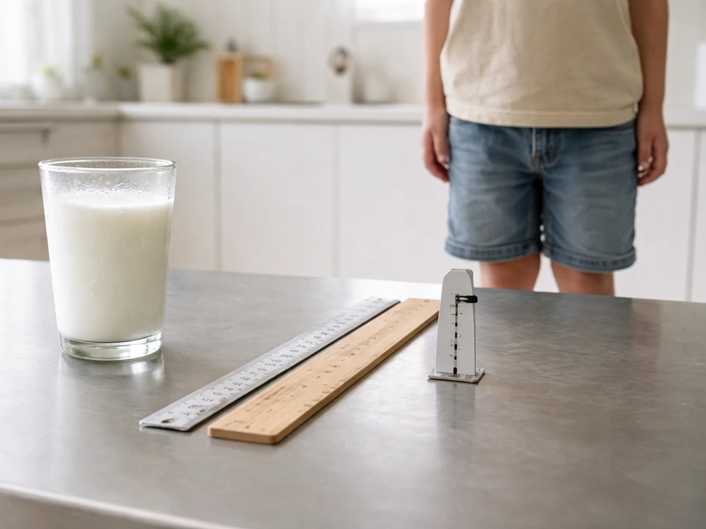 Glass of goat milk beside a height-measuring tape with a child’s legs—support, not taller.