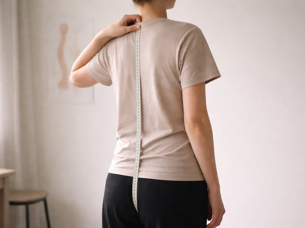 Adult standing in simple room, using a measuring tape to check posture and spine alignment.