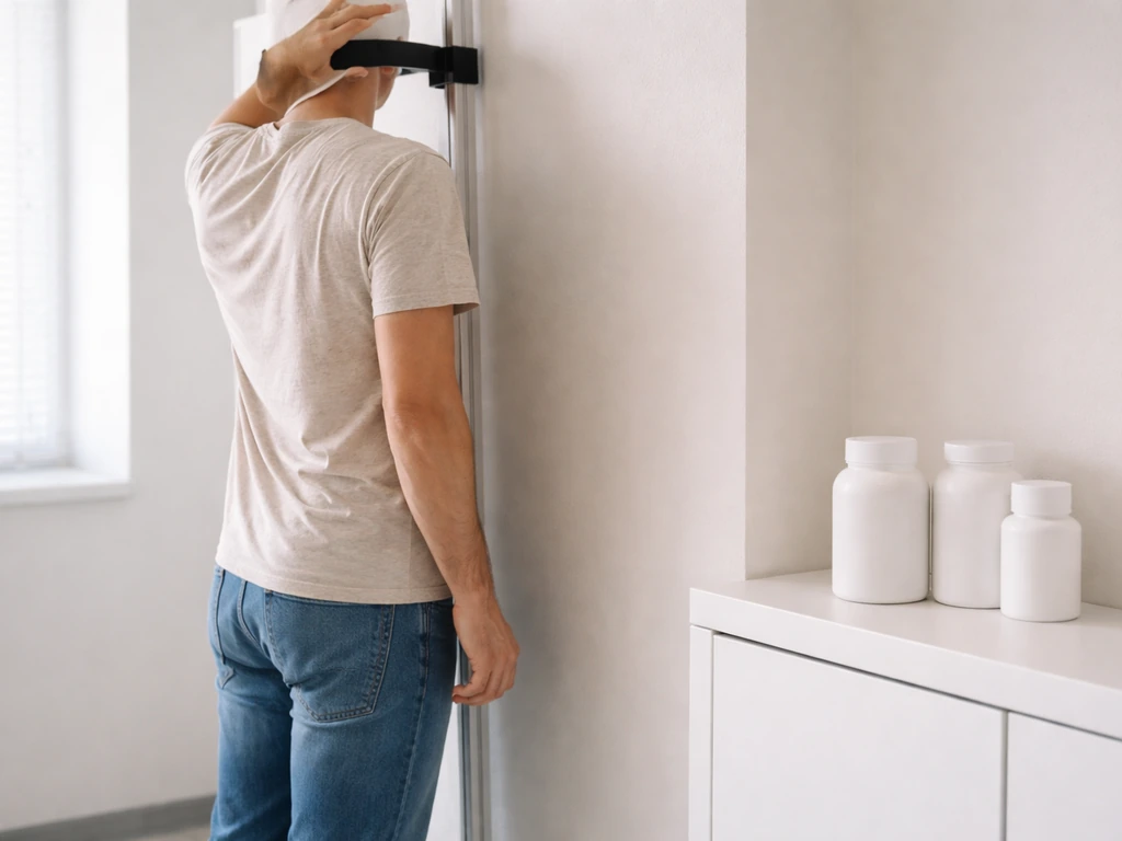 Person in clinic measuring height with a wall stadiometer, with a few supplement bottles on the side.