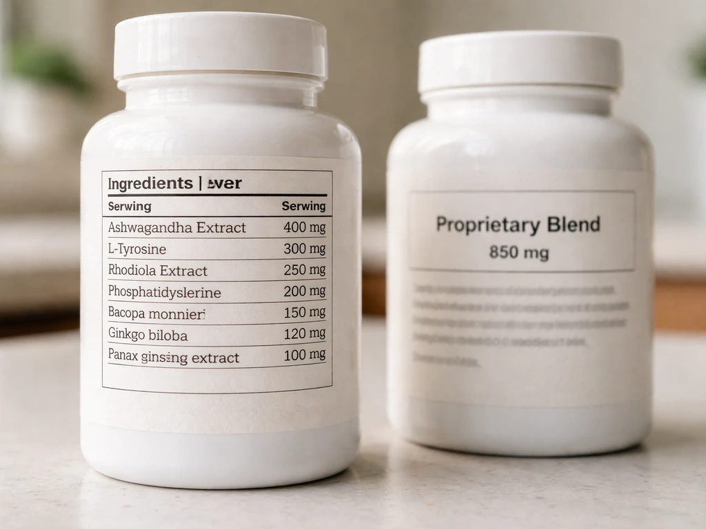 Close-up of supplement bottles and a label showing an ingredient list with exact doses and a proprietary blend.