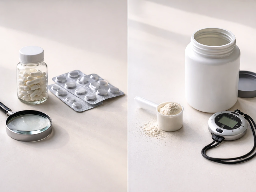 Tabletop photo showing a magnifying glass and empty blister packs beside a supplement jar and measuring spoon.