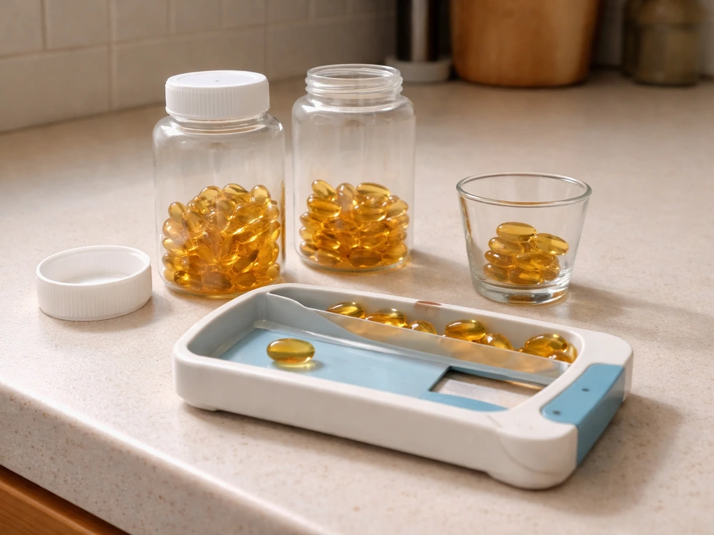 Still life of vitamin D and vitamin A capsules next to a pill-counting device on a countertop.