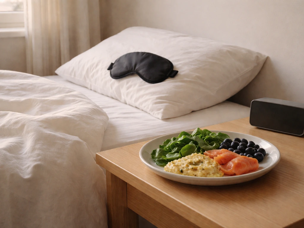 Minimal bedroom with a closed eye mask and a simple healthy food plate beside the bed.