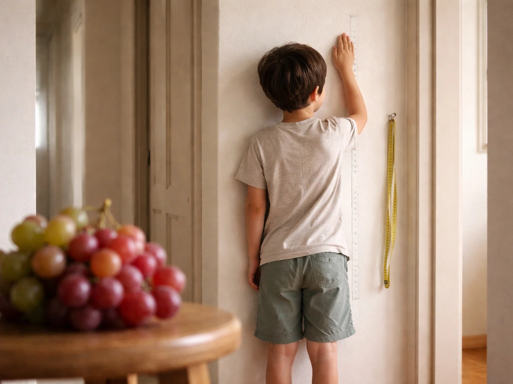 Young person measuring height beside a growth chart wall with a grape cluster in the foreground.