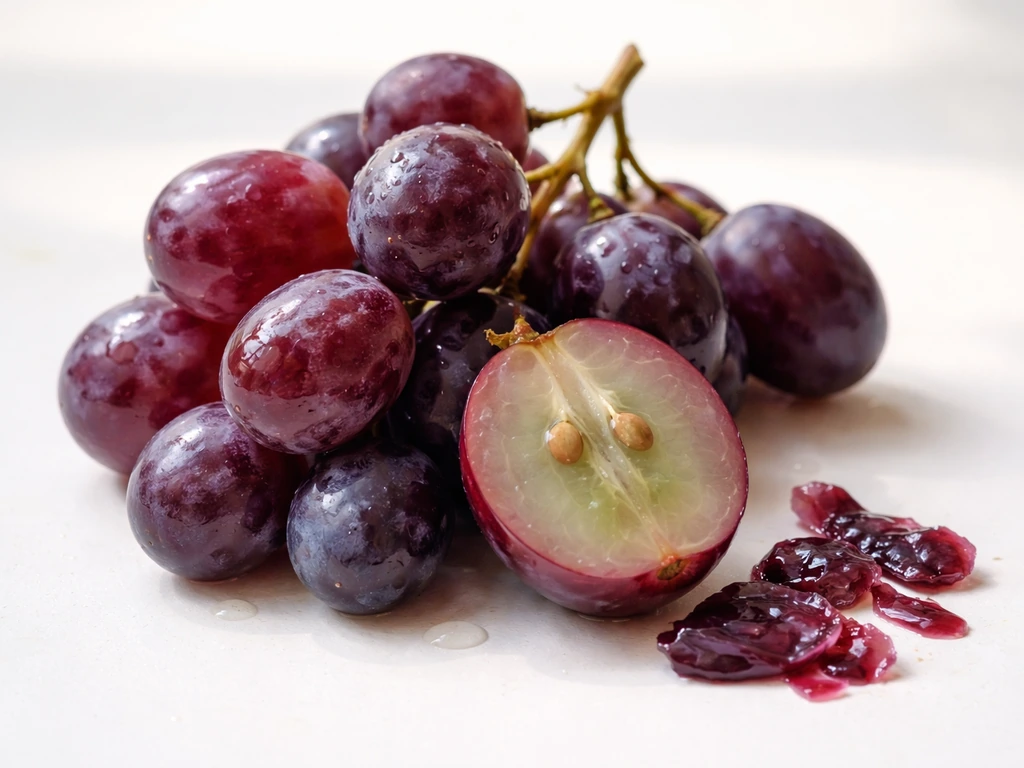 Close-up of a cut purple grape showing skin and flesh layers with a few skins nearby.