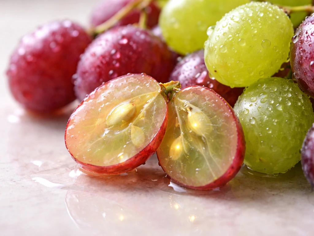 Close-up of grapes with a subtle non-text nutrient cue highlighting grape juice near a cut grape.