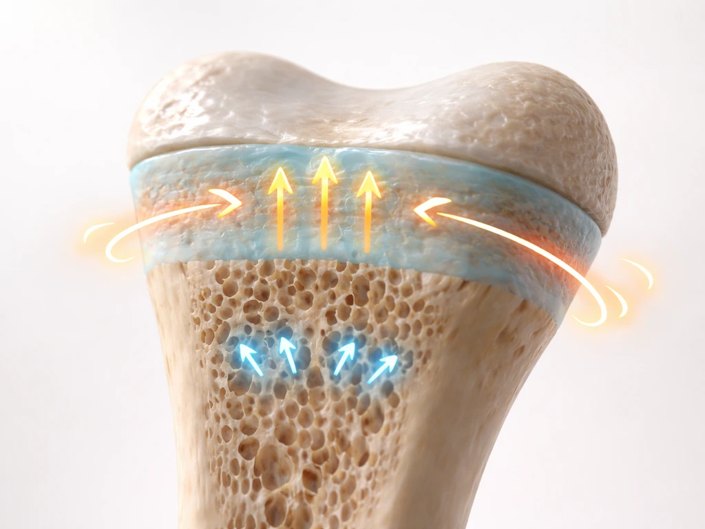 Minimal medical cross-section of a long bone highlighting the epiphyseal growth plate with subtle arrows.