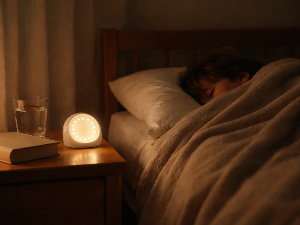Child in a dark bedroom at bedtime with a visible bedside timer glow and cozy bedding