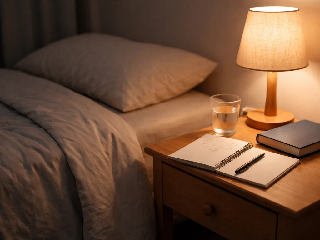 Cozy kid’s bedroom at night with warm lamp, nightstand, and blank notepad sleep schedule scribbles