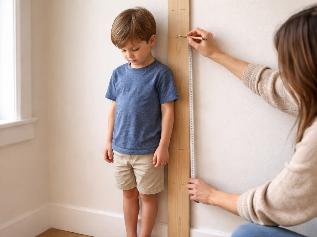 A child stands by a wall while a caregiver measures height, suggesting growth over time.
