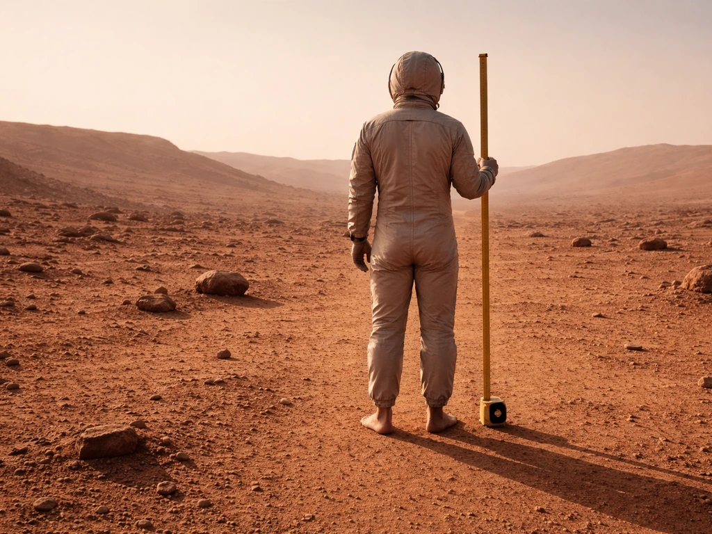A person with a height-measuring tape stands on a Mars-like landscape, suggesting growth under lower gravity.
