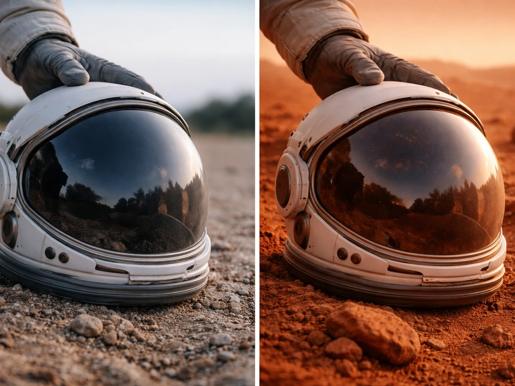 Minimal split image showing an astronaut helmet and a gloved hand on Earth sand versus Mars-red dust.