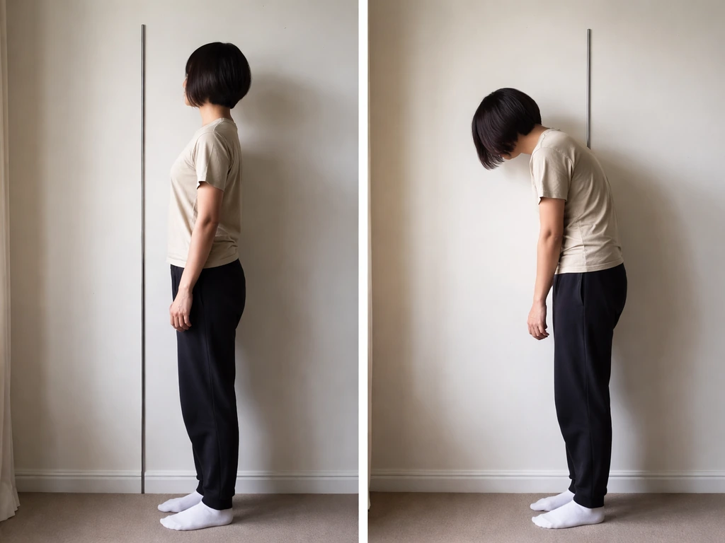 Anonymous adult demonstrates upright vs slouched posture beside an unmarked height-measuring setup indoors.