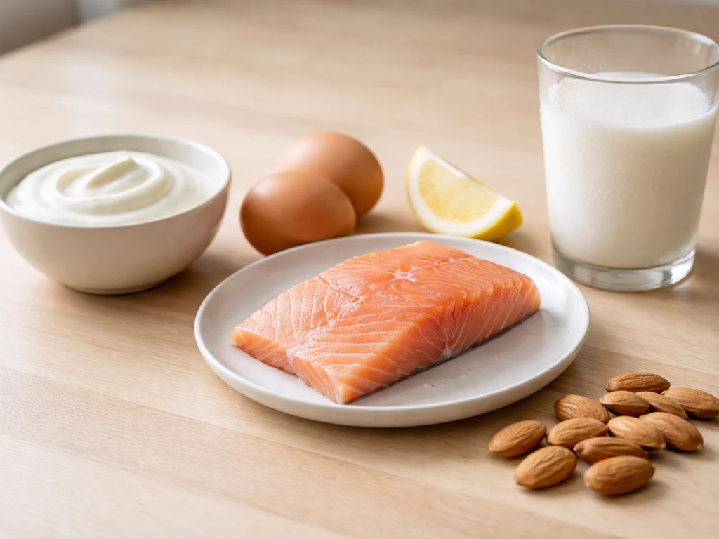 Close-up of calcium and vitamin D rich foods and protein sources on a simple kitchen surface