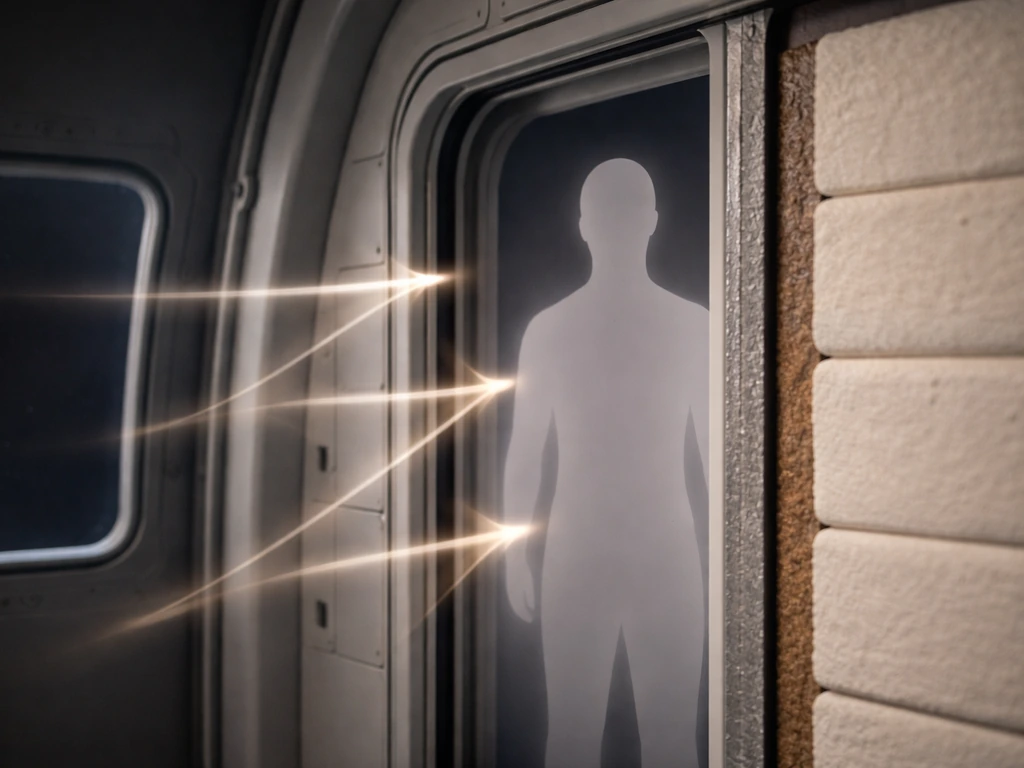Minimal photo showing layered shielding around a simple human-shaped silhouette with subtle radiation arrows