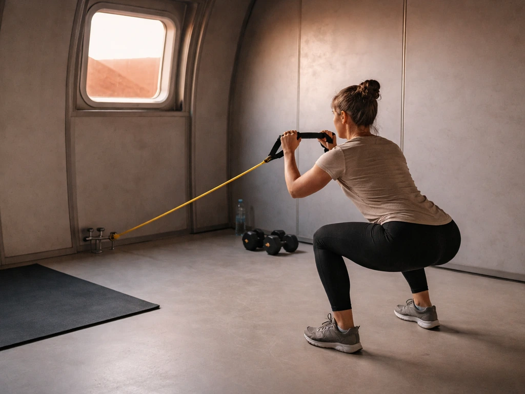 Anonymous person doing resistance-band squat in a Mars-like habitat exercise area.