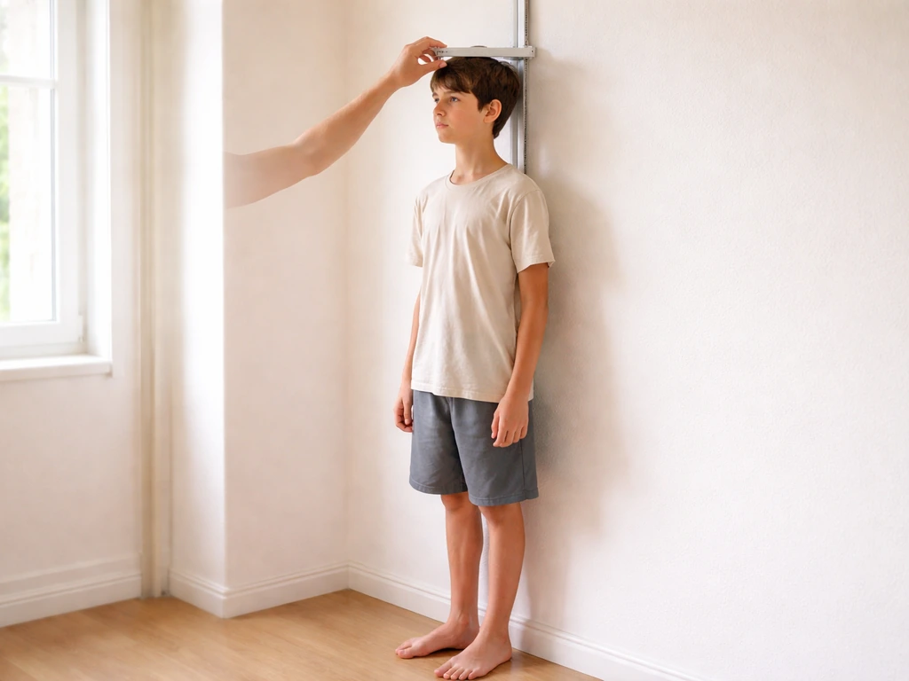 Teen measuring height against a wall-mounted stadiometer in a bright, minimal room.