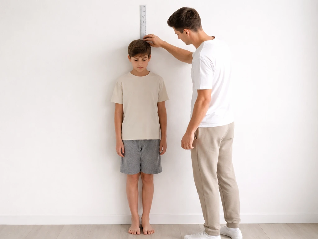 Teen and adult measure each other’s height with a wall stadiometer in a bright, minimal room.