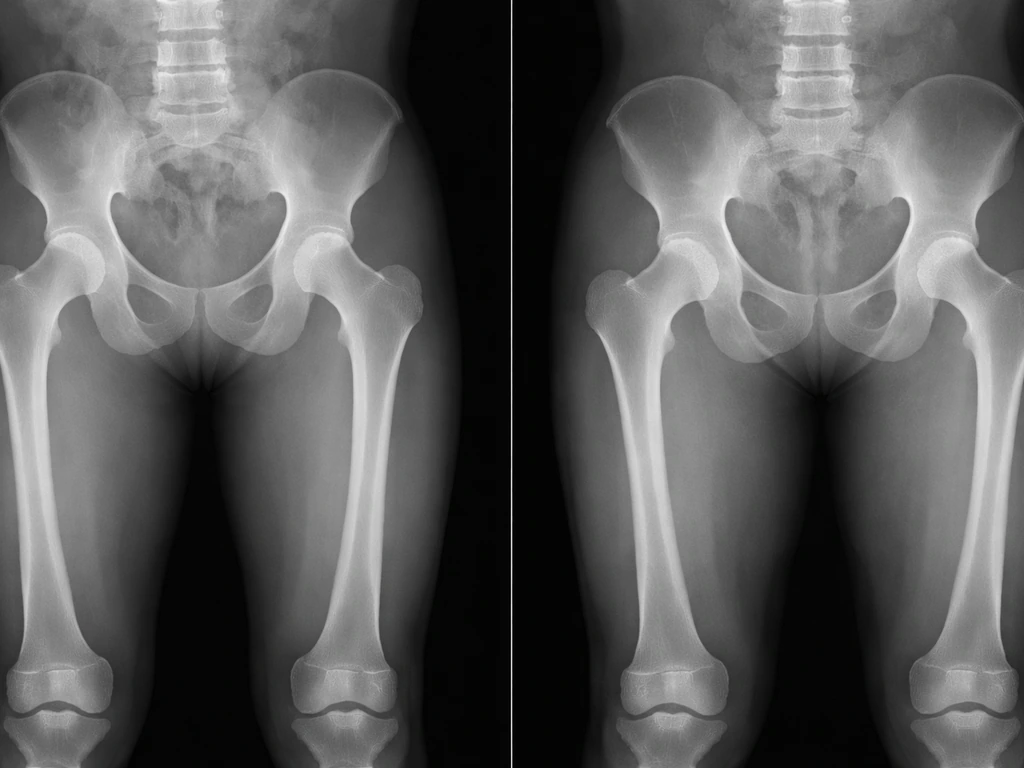 Two adjacent X-ray-style panels show open growth plates in a teen versus fused plates in an adult.