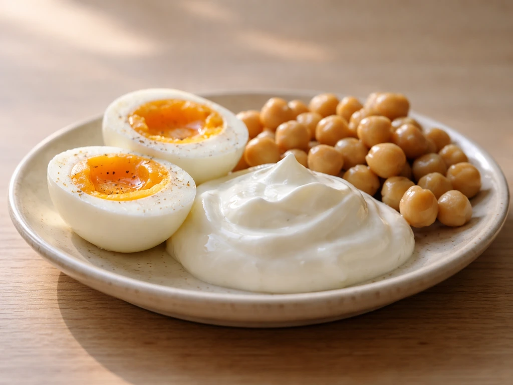 Close-up of a simple protein-focused plate with eggs, Greek yogurt, and legumes for nutrition