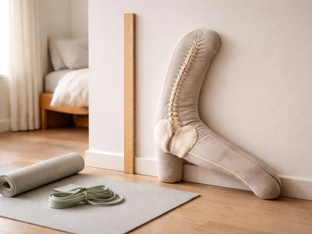 Measuring tape beside a yoga mat and fabric spine/hamstring silhouette suggesting stretching in puberty.
