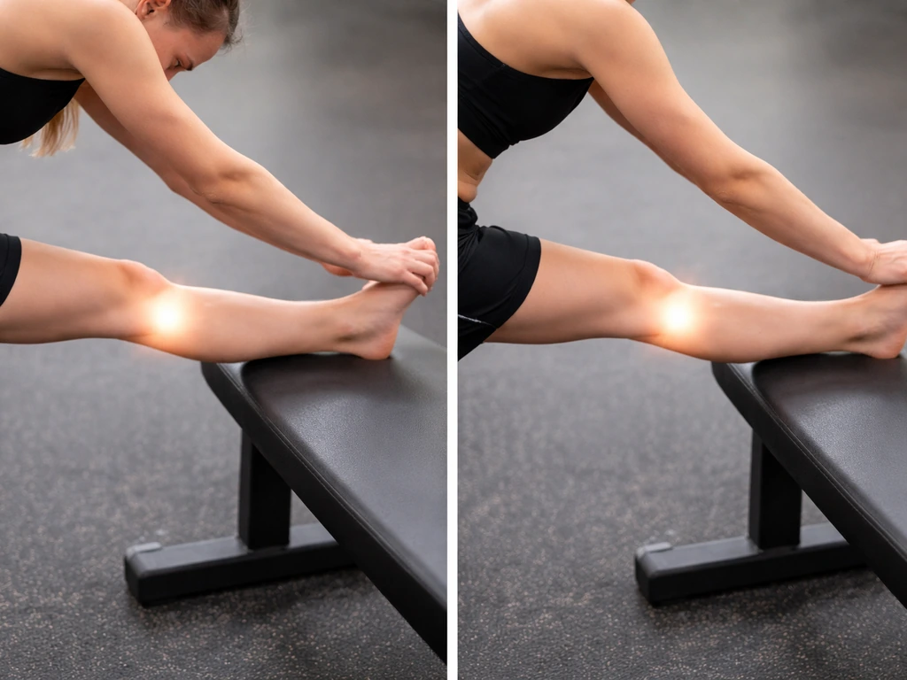 Teen doing hamstring stretch in side view, with a second panel showing a relaxed leg and inactive growth plate area