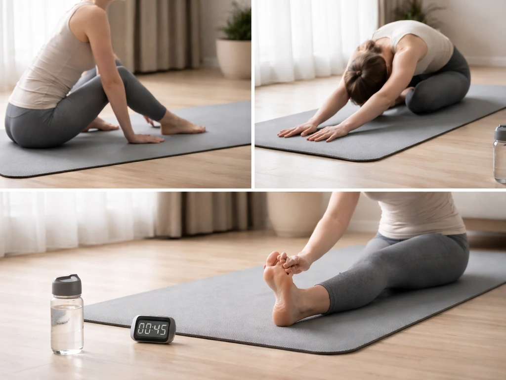Person stretching on a yoga mat with a nearby stopwatch in a bright, uncluttered room.