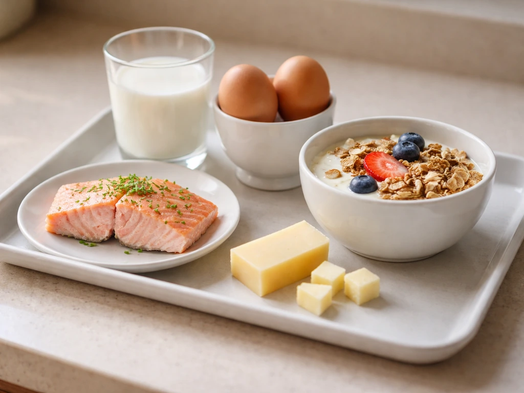 Tray of milk, eggs, fish, and fortified foods arranged to suggest childhood growth nutrition
