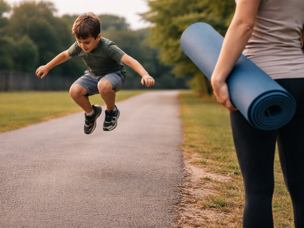 Child mid-jump on a path, with a quiet nearby area suggesting non-weight-bearing contrast.