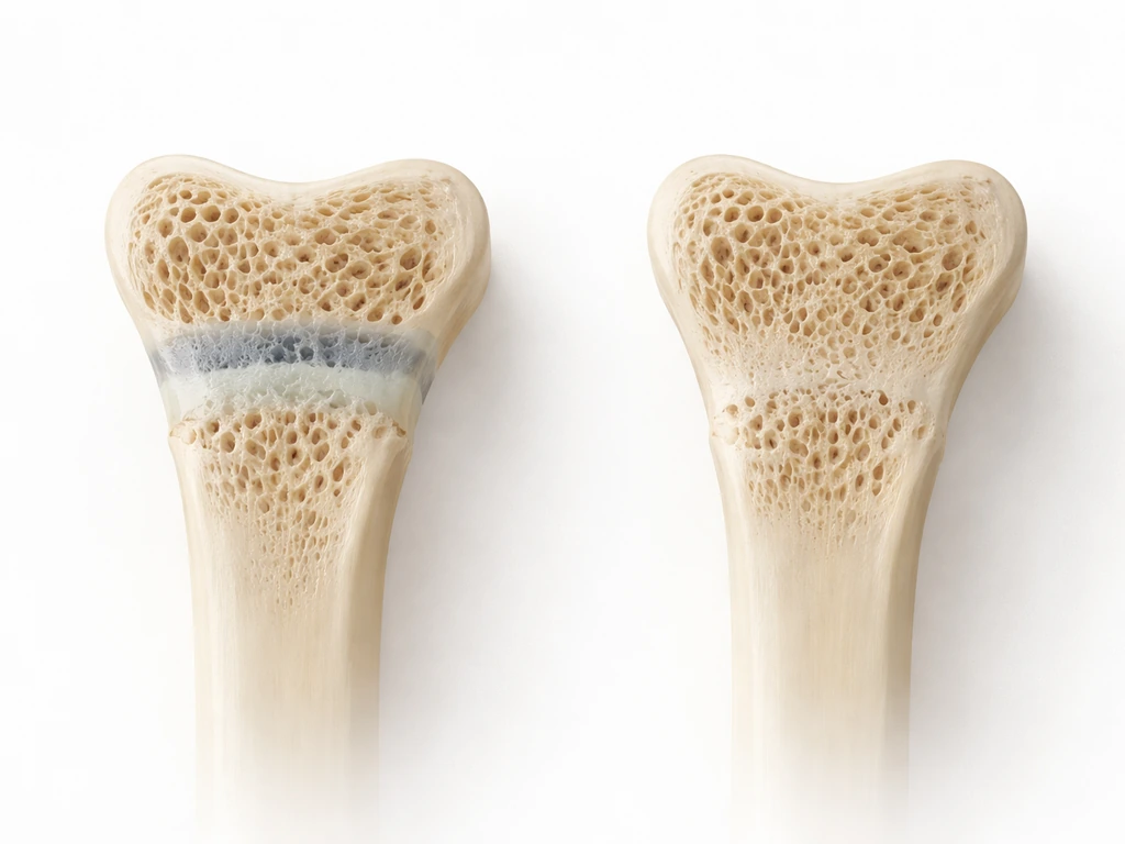 Minimal realistic medical-style illustration of open growth plates in youth and fused growth plates in adulthood.