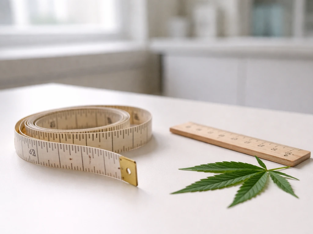 Minimal medical-style scene with a height measuring tape and subtle cannabis leaf symbolism on a desk
