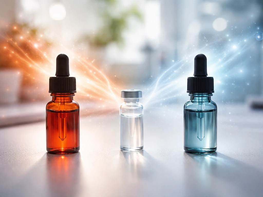 Minimal lab bench with two tinted dropper bottles symbolizing THC and CBD and faint hormone signaling glow.