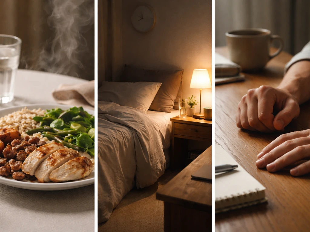 Minimal montage: high-protein meal for appetite, calm bedroom for sleep, tense vs relaxed hands for stress.