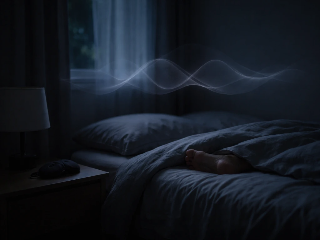 Dark bedroom at night with sleep mask on bedside table and gentle wavy overlay suggesting deep sleep