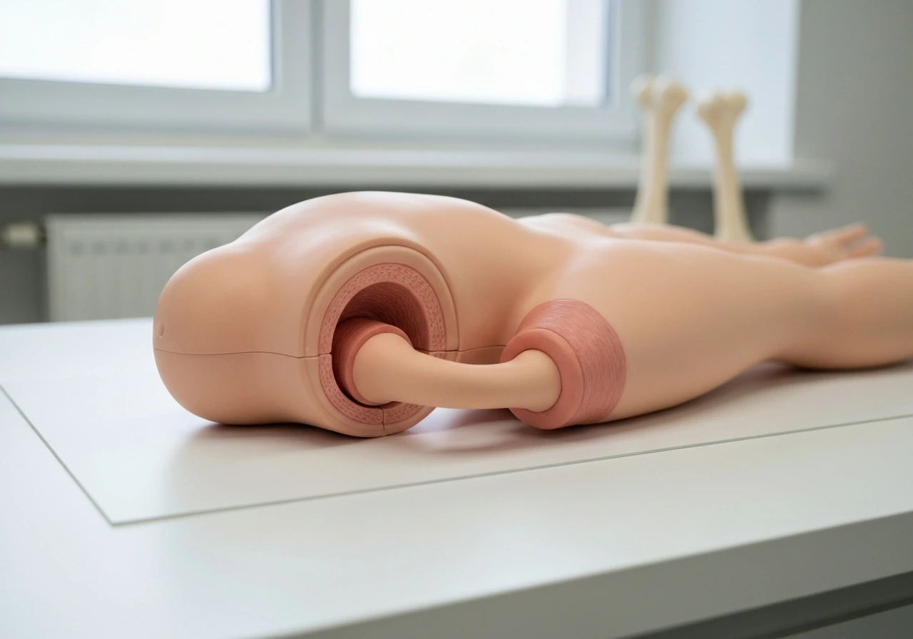 Minimal educational photo showing a close-up of a neutral anatomy model with a focus on soft tissue, not height.