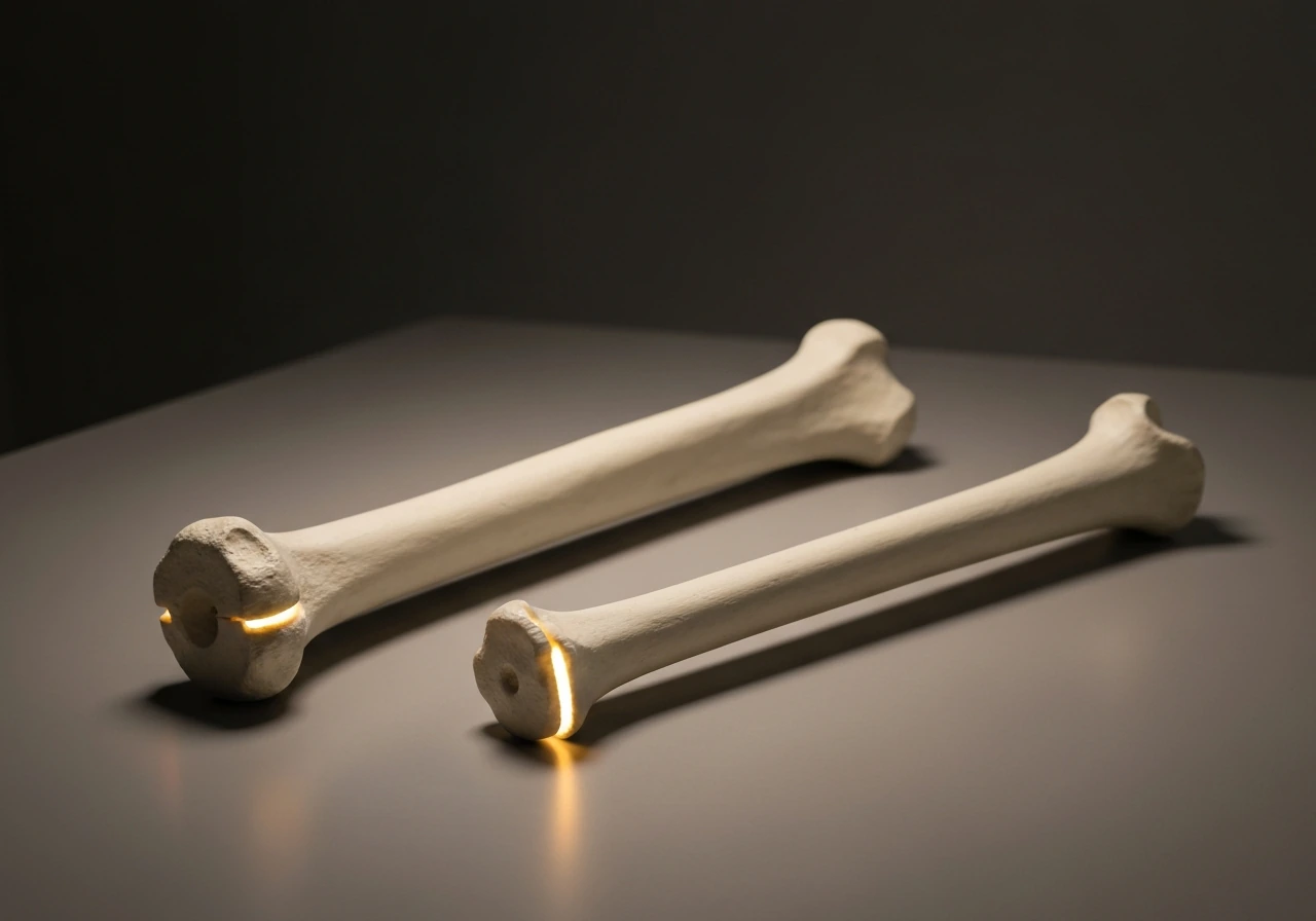Simple photo of two long bone models with highlighted growth plate areas using natural lighting