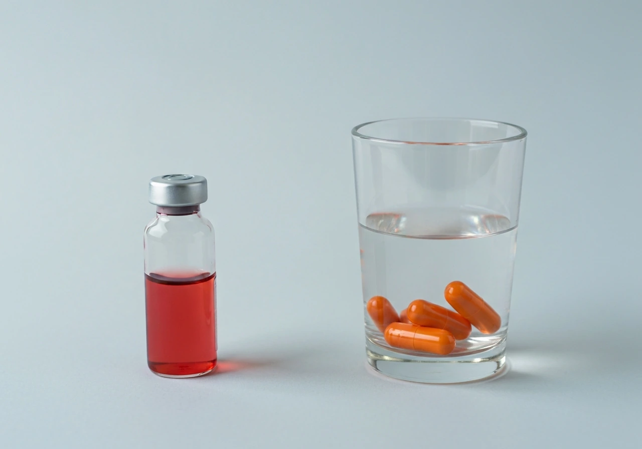 Close-up of a small vial with red liquid and a glass with vitamin capsules on a clean surface.