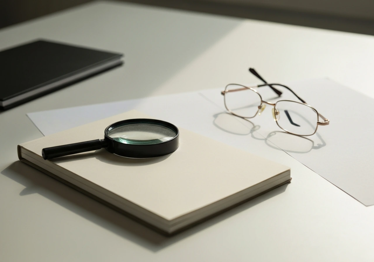 Minimal desk scene with a closed notebook and a magnifying glass, suggesting limited evidence without charts.