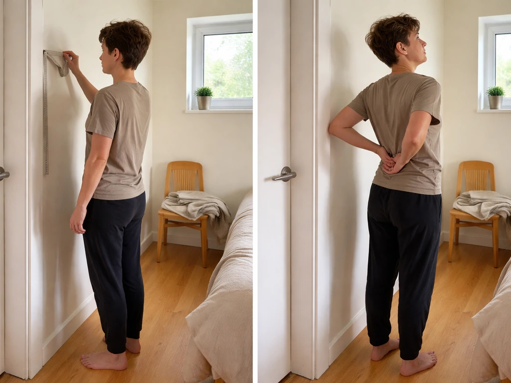 Adult standing in a simple room, checking height against a doorframe after an afternoon nap