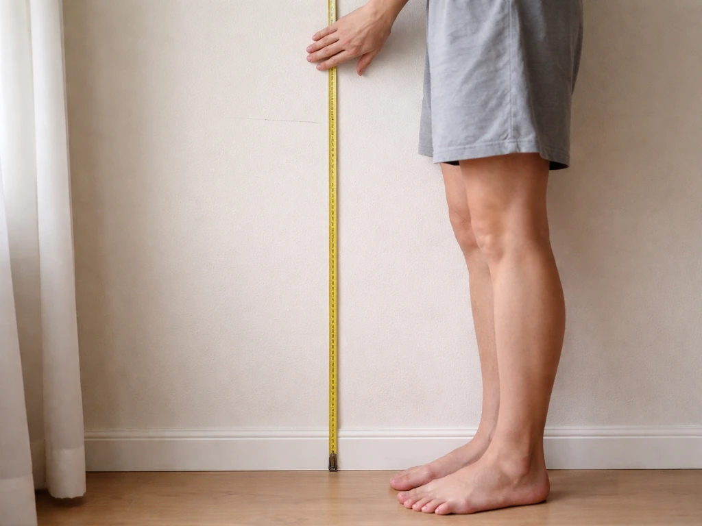Person measuring height against a wall tape measure after an afternoon nap, comparing to before-lying position.