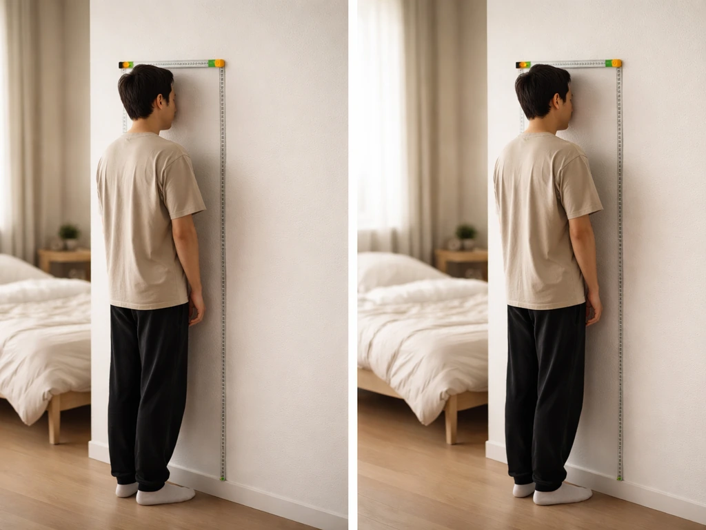 Person using a wall height measuring tape before a nap and again right after waking.