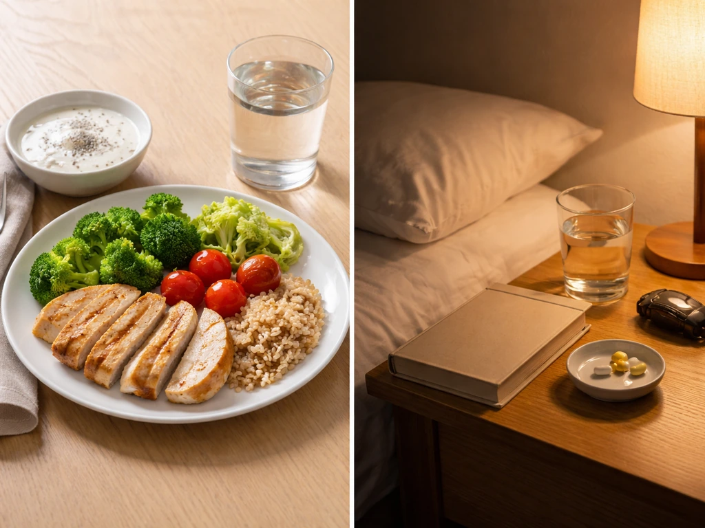 Balanced plate with protein and greens beside a calm bedside sleep setup with unlabeled supplements.