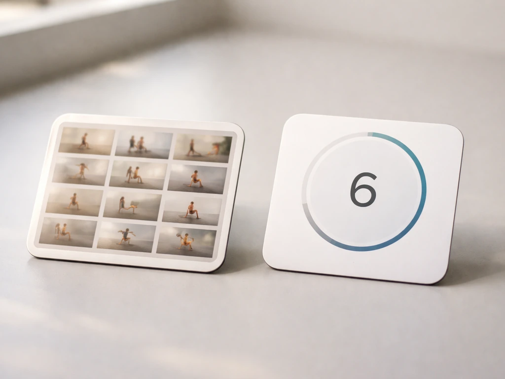 Close-up of an exercise video thumbnail card beside a simple 6-week timer graphic on a desk
