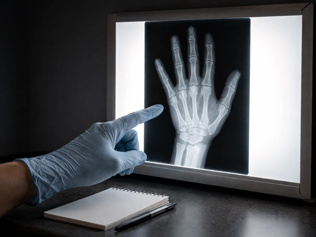 Clinician’s gloved hand beside a lightbox showing a bone age X-ray in a minimal radiology setting.