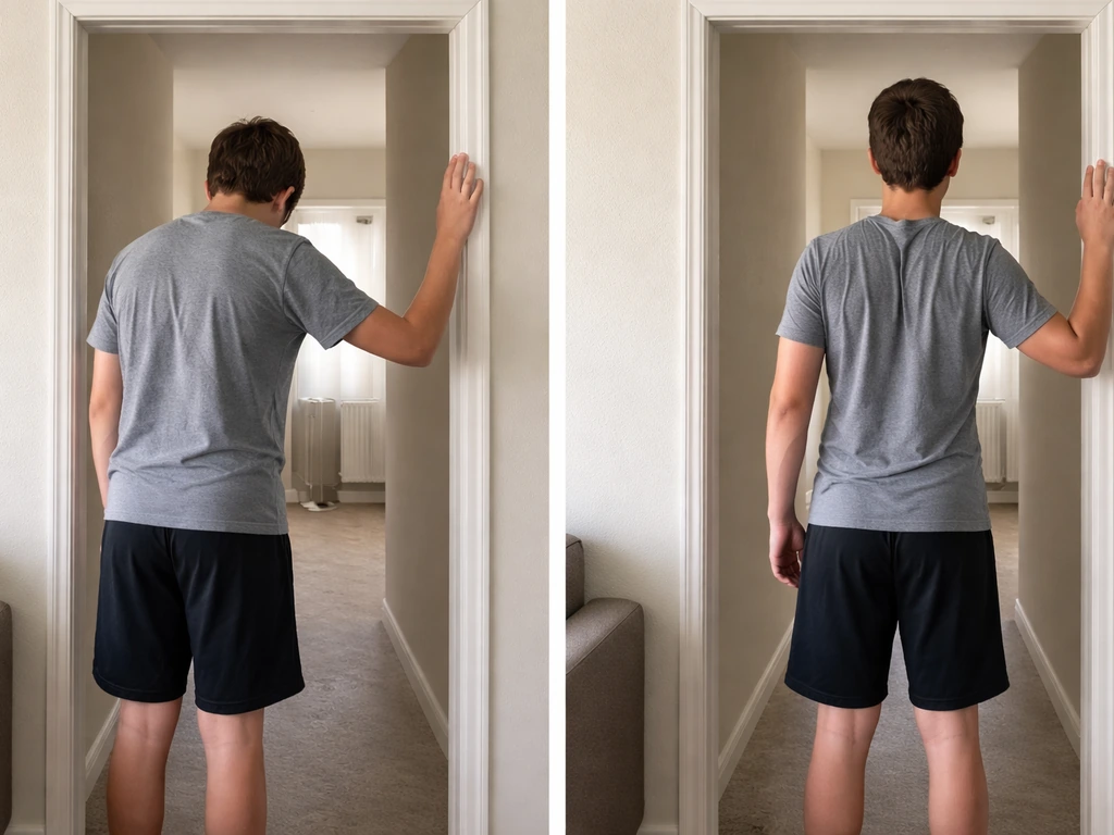 Side-by-side photos showing a slouched vs upright teen practicing posture alignment and a doorway stretch.
