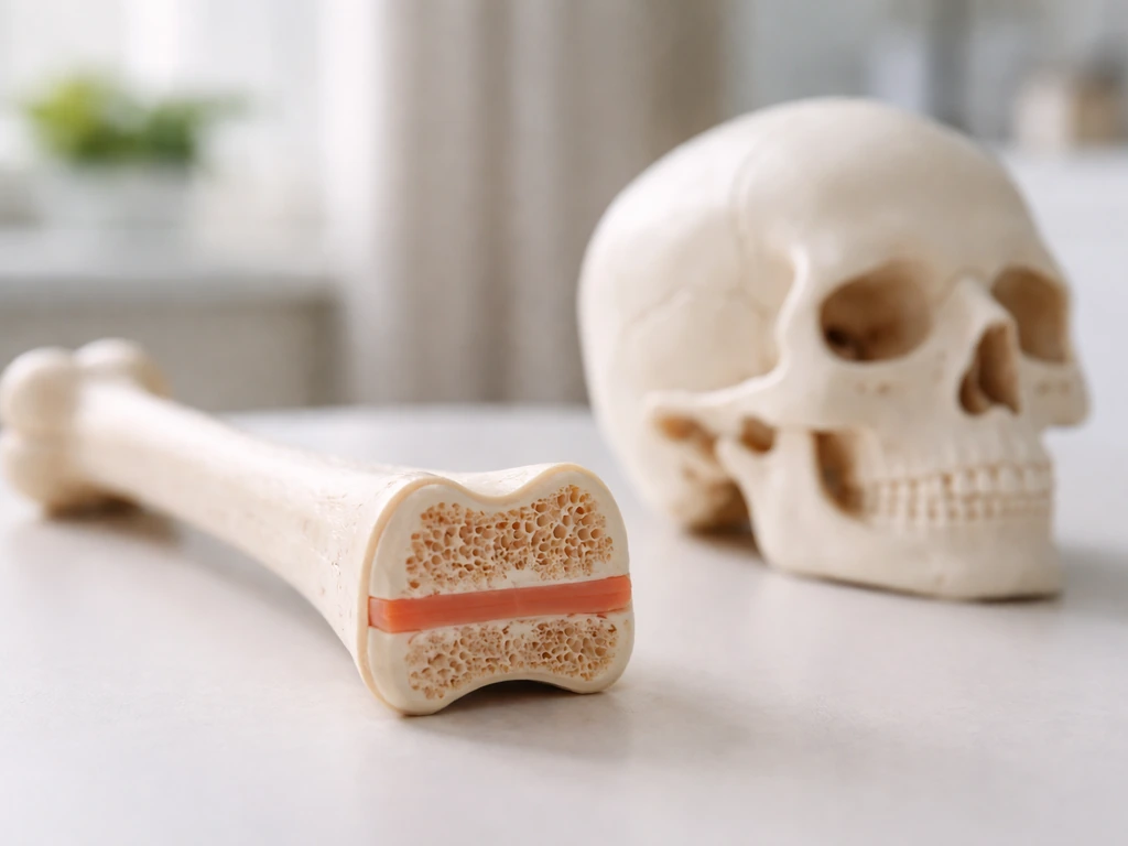 Clinical photo of long-bone growth plate model beside a skull model, showing growth vs skull shape.