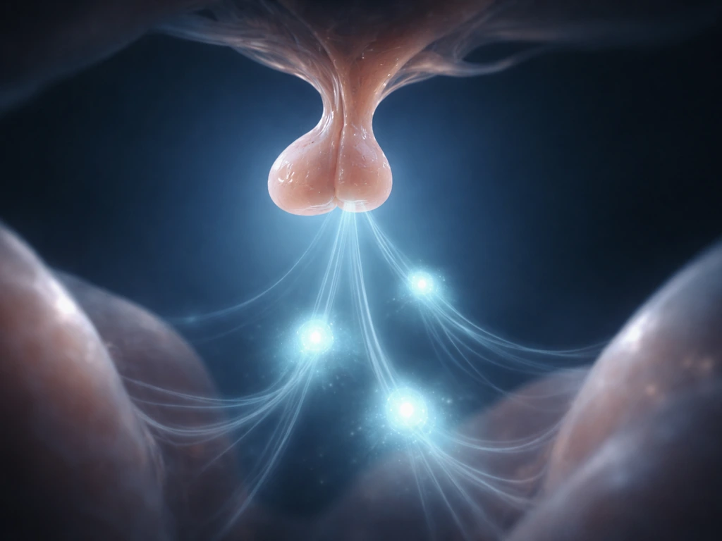 A glowing pituitary releases pulsing light that travels along translucent vessel-like paths to tissues.