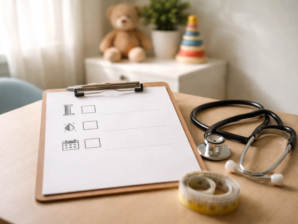 Blank clipboard with unlabeled checkboxes and growth/delay icons in a pediatric exam room desk corner.