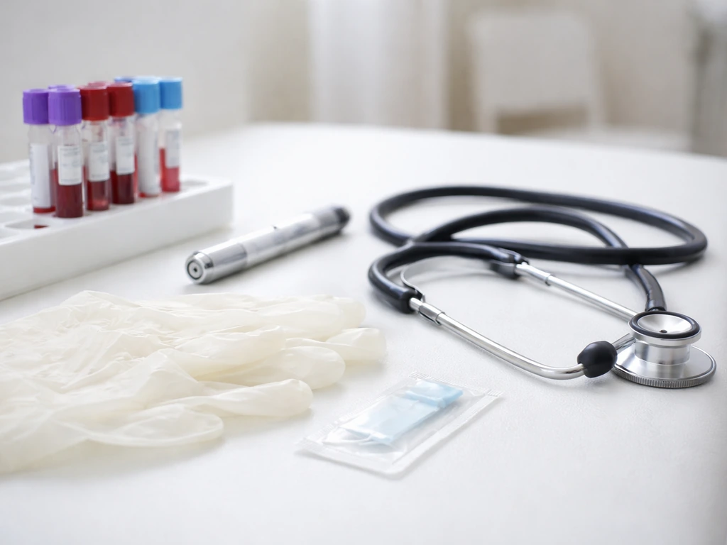 Minimal clinic exam table with blood test items and an eye exam penlight, no people, safety-focused