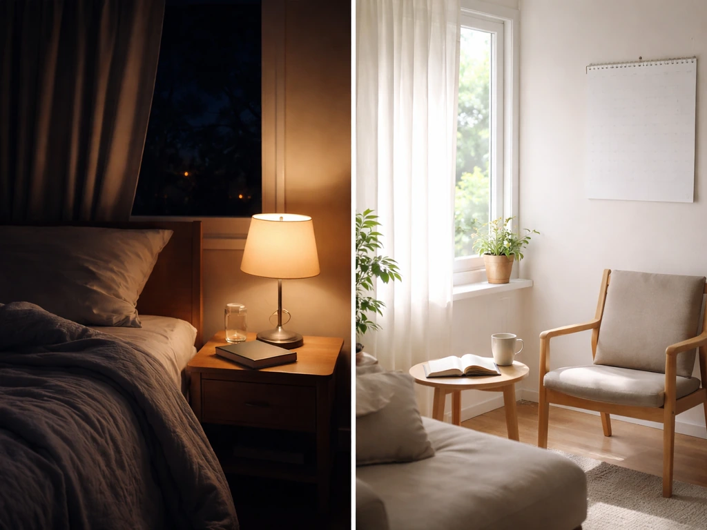 Split image: dim teen bedroom at night vs bright daytime room, symbolizing darkness and sleep effects.